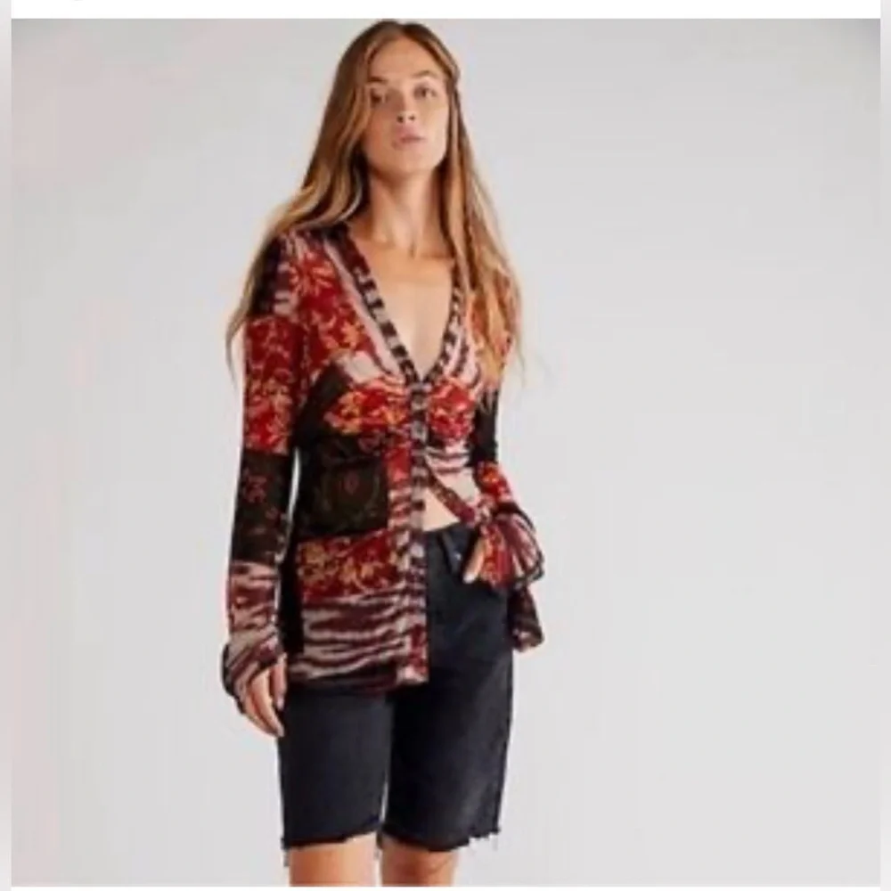 Free People Lucky Printed Blouse Patchwork Semi Sheer Mesh Boho Button Large